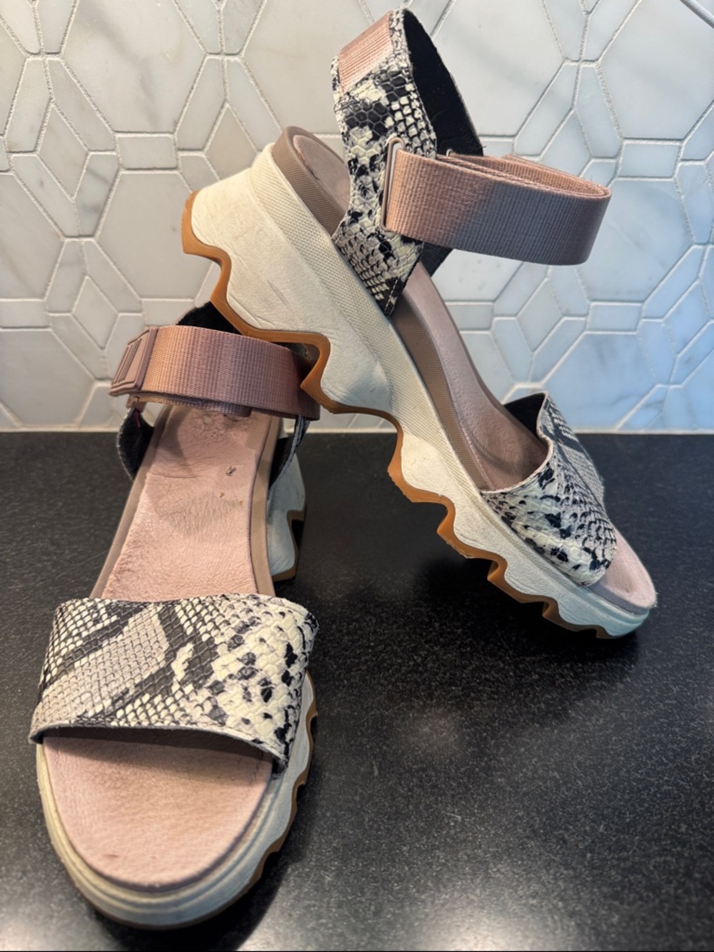 Sorel Women’s Snake-Print Platform Sandals, athletic strap, size 8